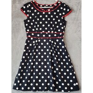 Chetta B Dress Womens 10 Black Polka Dot Red Piping Cap Sleeve Fit and Flare